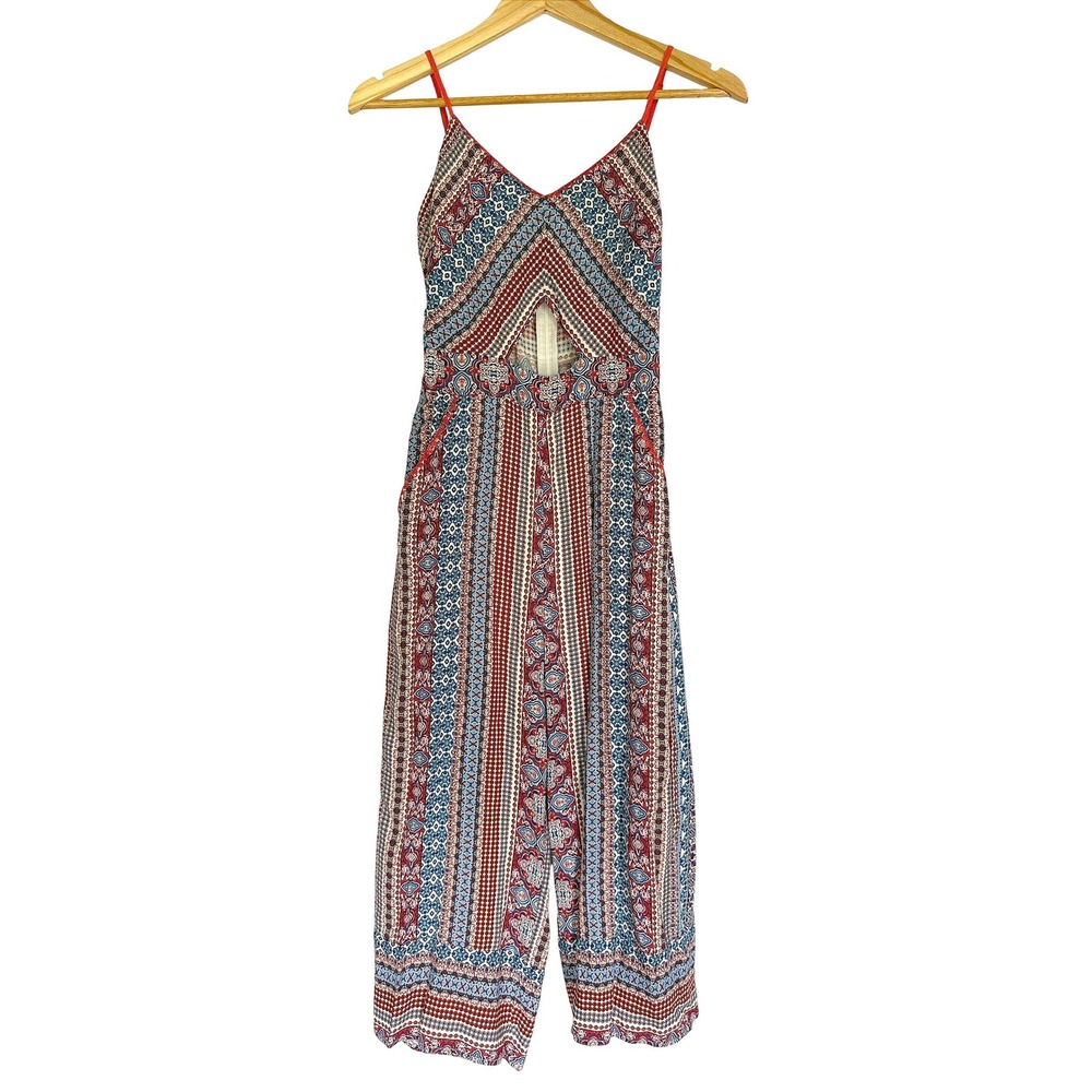 Shinestar Womens Boho Geometric Print Cutout Wide Leg Jumpsuit Red Blue Small